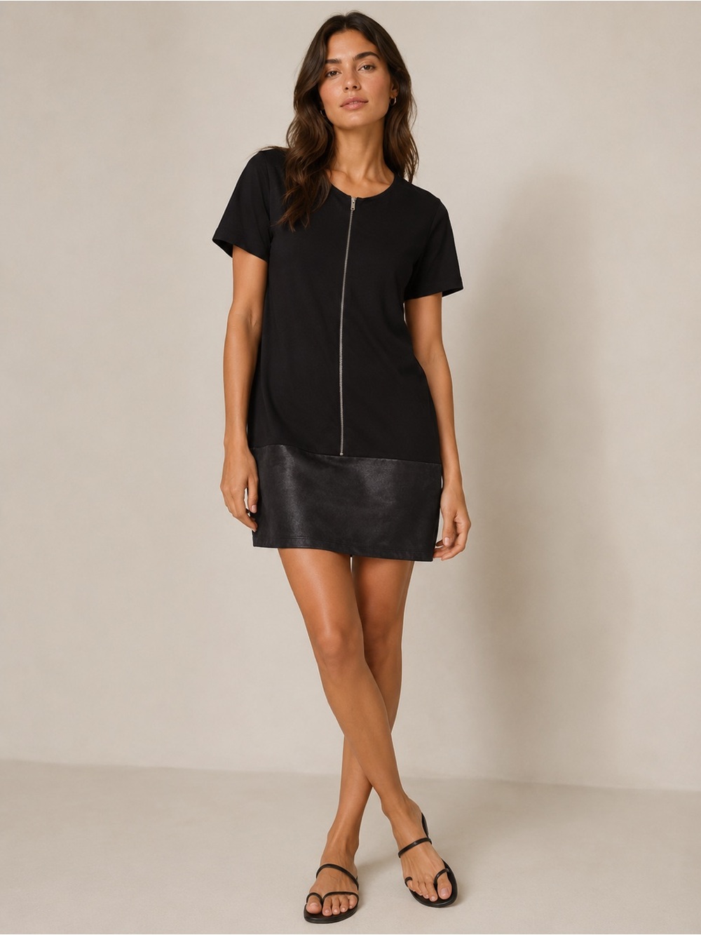 Zara Trafaluc Black Front Zipper Shift Short Sleeve Dress Small